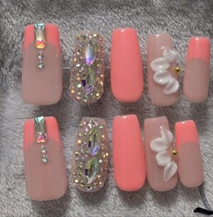 Handcrafted Coral & Nude Bling Press-On Nails | 3D Flower | Reusable | Medium